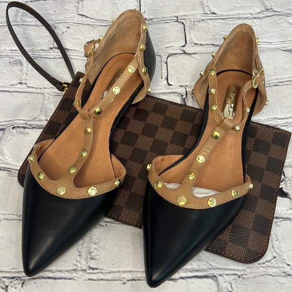 Halogen, black, leather flats, with gold stud ankle detail